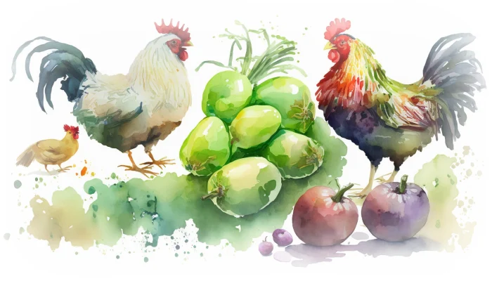 Høns spiser æbler og andet hønsefoder